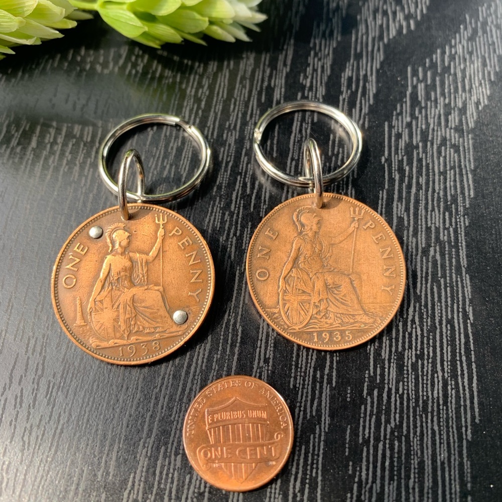 Vintage English Penny Coin Keychain Lot Sterling Rivets World Money Man … - Picture 4 of 4